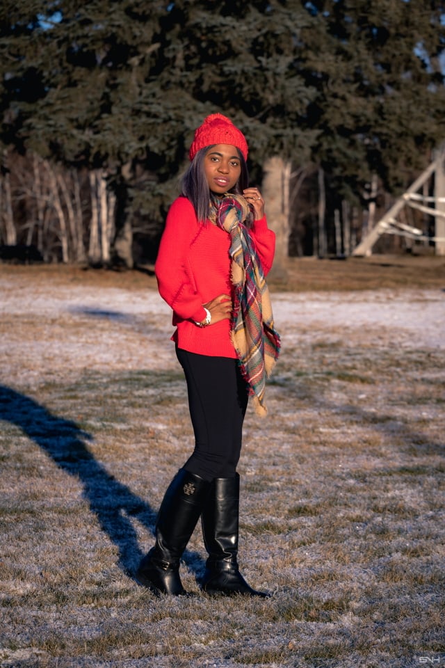 A fun and vibrantly beautiful cold weather outfit wearing a pullover sweater, highly-rated Zella leggings, oversized blanket scarf and a pair of chic riding boots. This is a practical and stylish cold weather look that can be worn time and time again during colder months. This post is all about winter outfits, Alaska fashion, New Jersey fashion blogger, black style blogger.