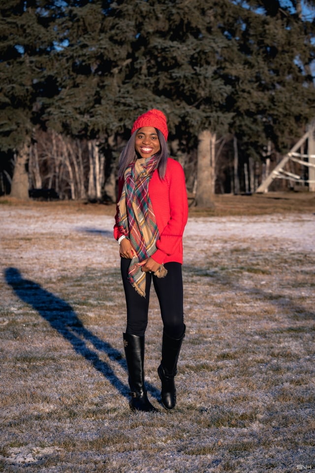 A fun and vibrantly beautiful cold weather outfit wearing a pullover sweater, highly-rated Zella leggings, oversized blanket scarf and a pair of chic riding boots. This is a practical and stylish cold weather look that can be worn time and time again during colder months. This post is all about winter outfits, Alaska fashion, New Jersey fashion blogger, black style blogger.