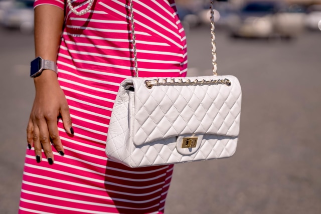 Crushing on this on-trend bag inspired by the Classic Chanel Handbag. Paired here with a striped bodycon dress a terrific Amazon fashion find and the cutest flat sandals.