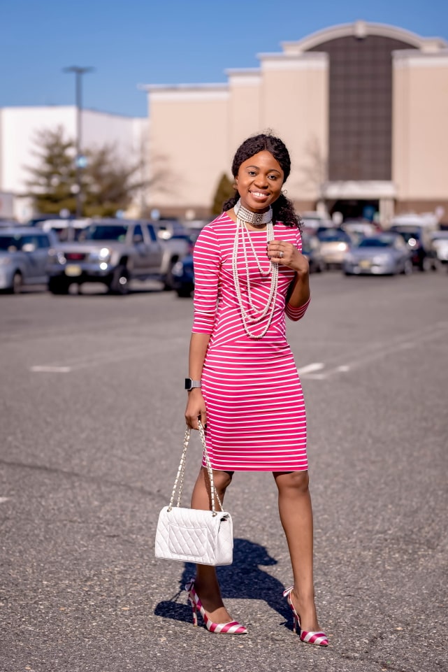 Style blogger, Louisa shows us how to style the best Amazon bodycon dress. She breaks down how to transform this 3/4 sleeve dress by pairing it with slingback striped sandals, a quilted structured purse (Chanel-inspired bag), and statement jewelry for the ultimate date night outfit or cocktail dress. Next, she styles it with a pair of pink braided slides. With so many summer outfit options, you’re not going to believe how cheap this pencil dress is. This post covers summer outfits, summer dresses, bow pumps #amazonfinds #amazonhaul #amazonfashion