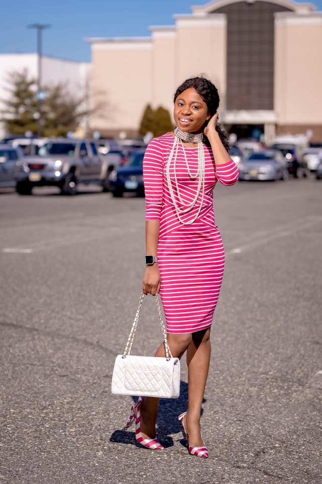 Style blogger, Louisa shows us how to style the best Amazon bodycon dress. She breaks down how to transform this 3/4 sleeve dress by pairing it with slingback striped sandals, a quilted structured purse (Chanel-inspired bag), and statement jewelry for the ultimate date night outfit or cocktail dress. Next, she styles it with a pair of pink braided slides. With so many summer outfit options, you’re not going to believe how cheap this pencil dress is. This post covers summer outfits, summer dresses, bow pumps #amazonfinds #amazonhaul #amazonfashion