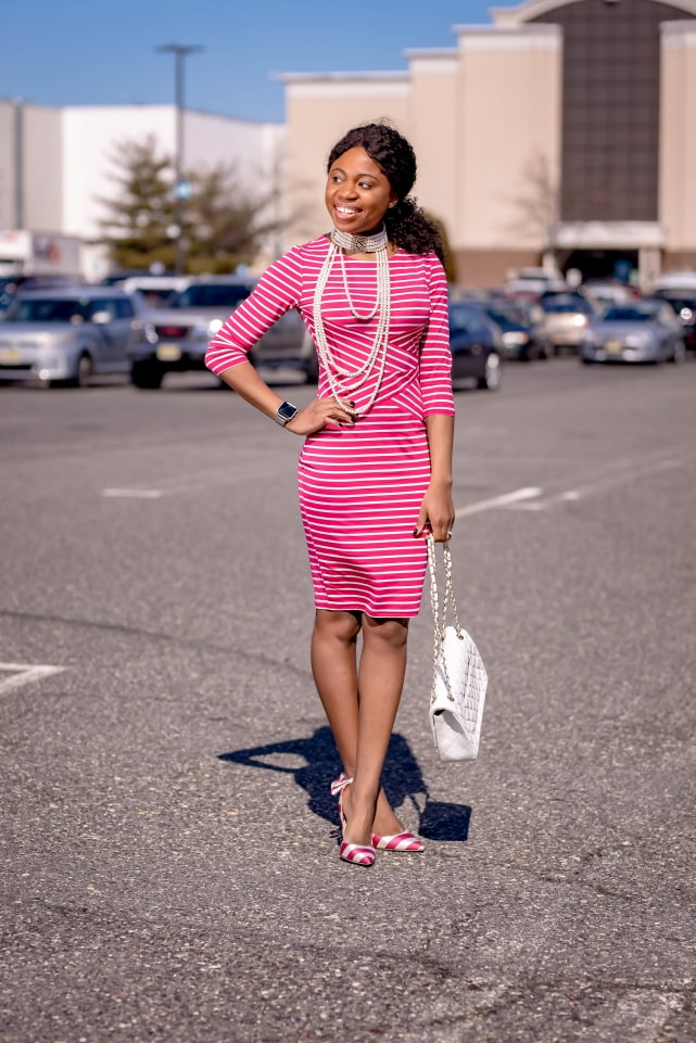 Style blogger, Louisa shows us how to style the best Amazon bodycon dress. She breaks down how to transform this 3/4 sleeve dress by pairing it with slingback striped sandals, a quilted structured purse (Chanel-inspired bag), and statement jewelry for the ultimate date night outfit or cocktail dress. Next, she styles it with a pair of pink braided slides. With so many summer outfit options, you’re not going to believe how cheap this pencil dress is. This post covers summer outfits, summer dresses, bow pumps #amazonfinds #amazonhaul #amazonfashion