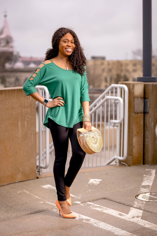 Looking for cute yet practical office outfits women? As a young professional, Louisa shares how to style a casual and stylish business look that’s a hit in price and quality. Her chic cutout blouse is under $16 and that black Betabrand pants is actually a yoga pant! Also included in this look are layered choker necklace, stackable bangles, no-buckle adjustable belt, and trending bamboo handbag. #workwear #officestyle #amazonfashion #amazonfinds