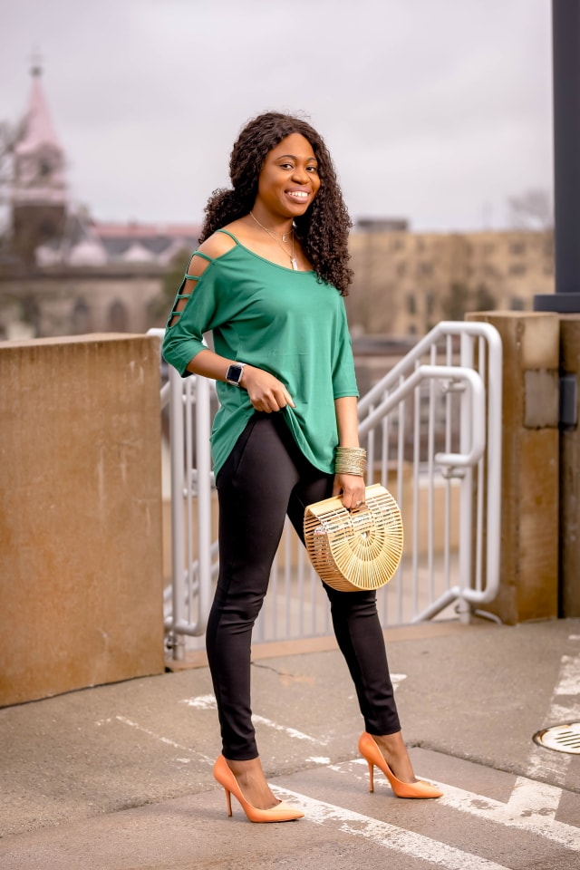 Looking for cute yet practical office outfits women? As a young professional, Louisa shares how to style a casual and stylish business look that’s a hit in price and quality. Her chic cutout blouse is under $16 and that black Betabrand pants is actually a yoga pant! Also included in this look are layered choker necklace, stackable bangles, no-buckle adjustable belt, and trending bamboo handbag. #workwear #officestyle #amazonfashion #amazonfinds