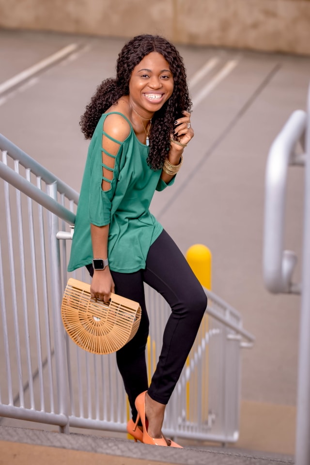 Looking for cute yet practical office outfits women? As a young professional, Louisa shares how to style a casual and stylish business look that’s a hit in price and quality. Her chic cutout blouse is under $16 and that black Betabrand pants is actually a yoga pant! Also included in this look are layered choker necklace, stackable bangles, no-buckle adjustable belt, and trending bamboo handbag. #workwear #officestyle #amazonfashion #amazonfinds