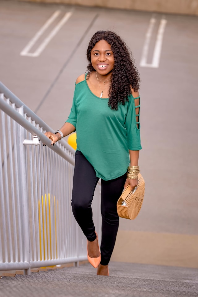 Looking for cute yet practical office outfits women? As a young professional, Louisa shares how to style a casual and stylish business look that’s a hit in price and quality. Her chic cutout blouse is under $16 and that black Betabrand pants is actually a yoga pant! Also included in this look are layered choker necklace, stackable bangles, no-buckle adjustable belt, and trending bamboo handbag. #workwear #officestyle #amazonfashion #amazonfinds