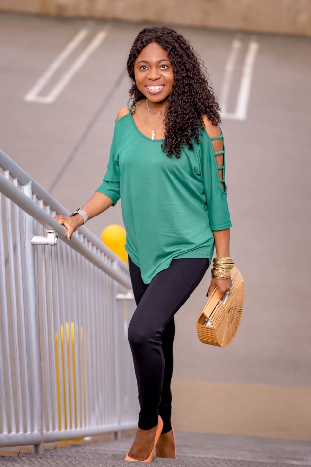 Looking for cute yet practical office outfits women? As a young professional, Louisa shares how to style a casual and stylish business look that’s a hit in price and quality. Her chic cutout blouse is under $16 and that black Betabrand pants is actually a yoga pant! Also included in this look are layered choker necklace, stackable bangles, no-buckle adjustable belt, and trending bamboo handbag. #workwear #officestyle #amazonfashion #amazonfinds