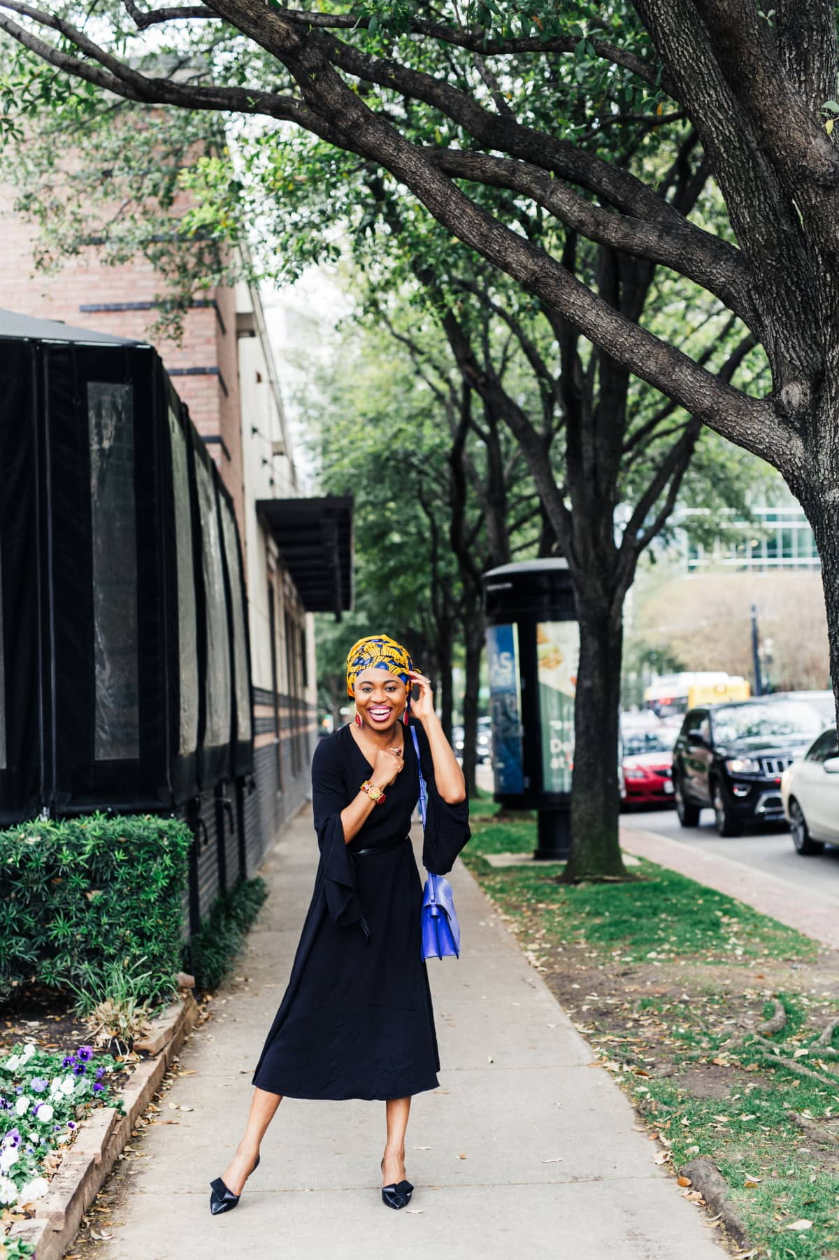 All black outfit with a pop of color