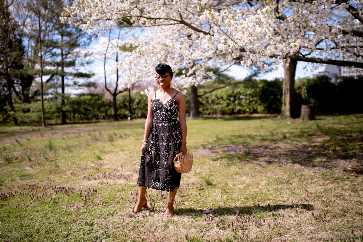 This black lace midi dress is not only cute but super affordable (under $30). You can easily wear this stunning sleeveless dress as a wedding guest outfit, to graduation ceremonies, and even parties. Style it with a beautiful jacket on a cold or raining day. Check out this roundup for 15 amazing lace dresses that can be to a plethora of occasions like Astr the Label Lace Midi Dress, SheIn hollow lace dress and more. #blackgirl #weddingguestdress #partydresses