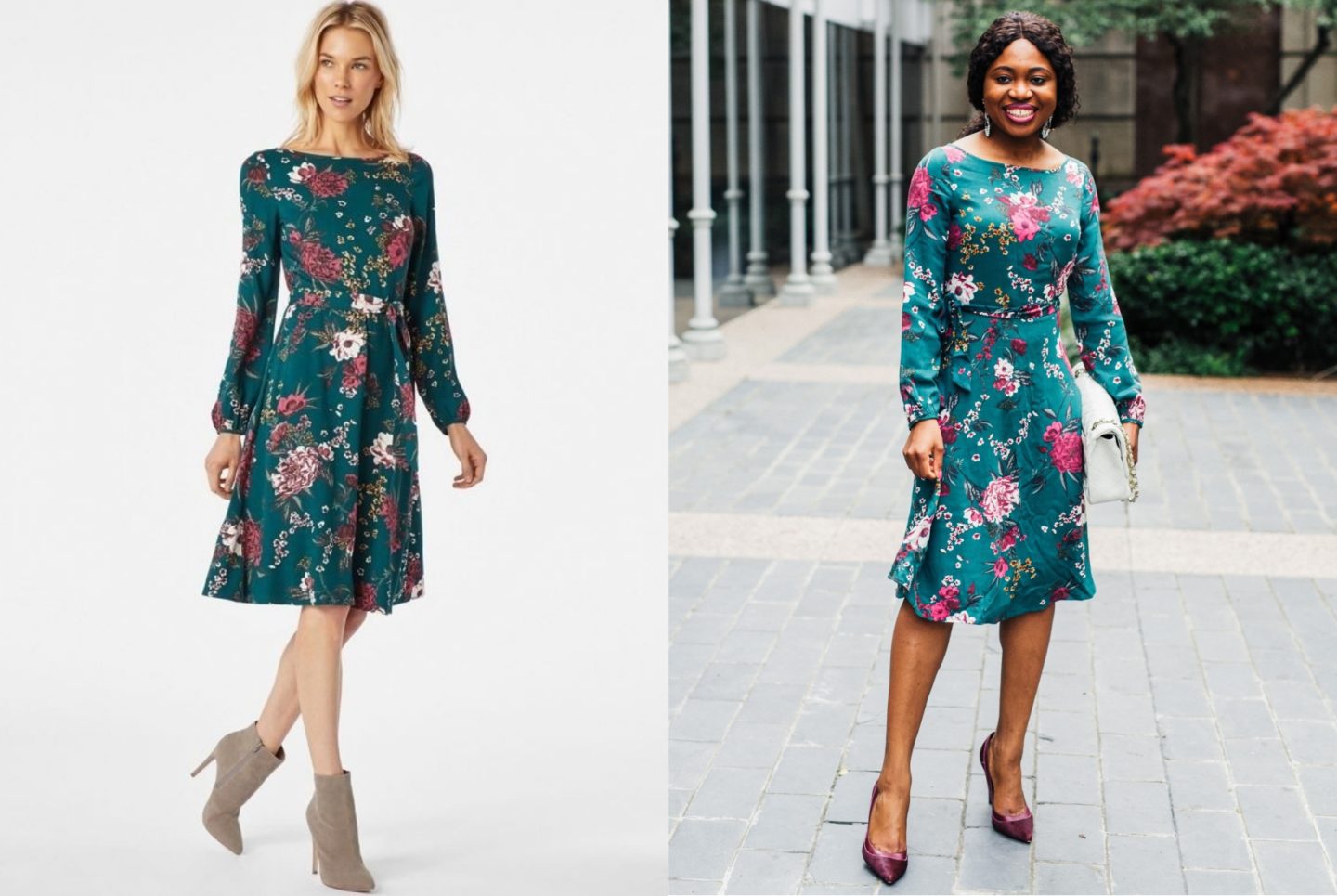 A side by side comparing wearing a JustFab Belted Blouson Sleeve Dress. Is JustFab a scam? Here's my honest review after spending my hard-earned money shopping for dresses and shoes on JustFab.