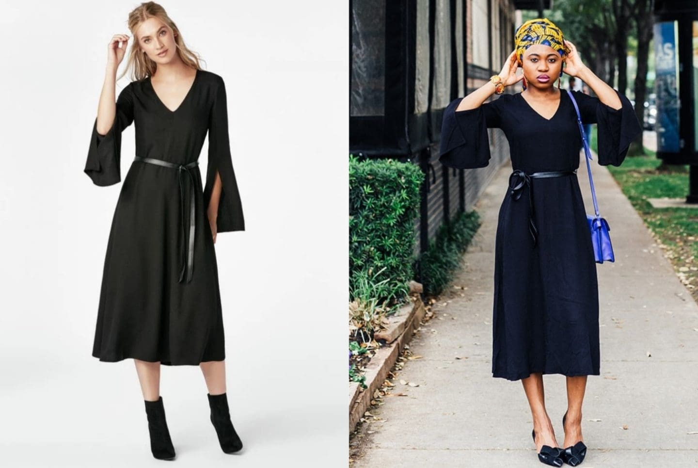 A side by side comparing wearing a JustFab Belted Midi Dress. Is JustFab a scam? Here's my honest review after spending my hard-earned money shopping for dresses and shoes on JustFab.