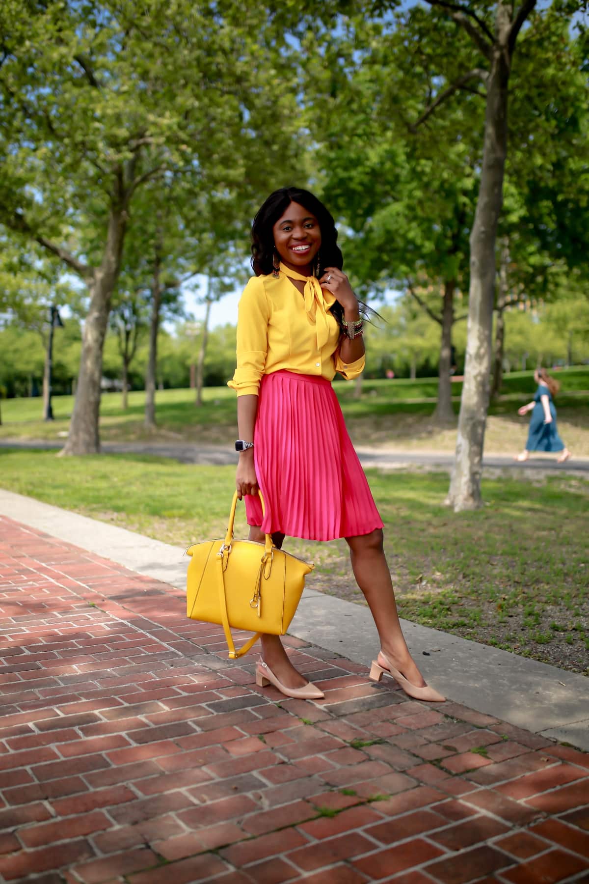 Effortless Summer Style | Pink Pleated Midi Skirt, yellow bow-tie blouse, yellow top handle satchel