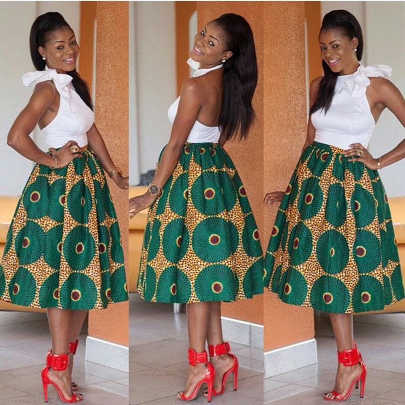 Green Pattern Flare Skirt 4