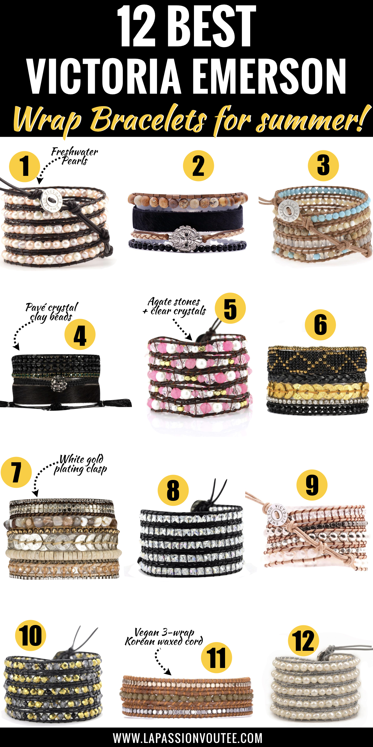 These are my favorite handmade leather wrap bracelets. The June Birthstone Wrap Bracelet ranks high on my favorites and so does the Pinktricity Classic Wrap made from agate stones and clear crystals.