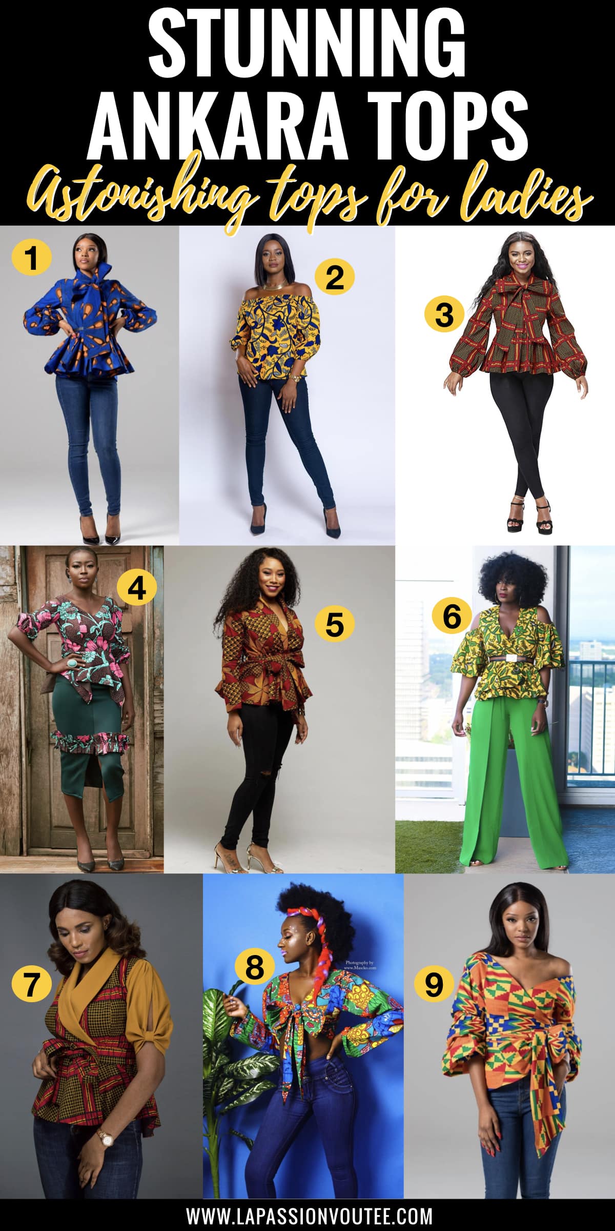 #africanprint #ankarastyles 20 best ankara tops for ladies every African print lover should have in their wardrobe. From affordable ankara peplum tops, and African print crop tops to off the shoulder tops and even more stunning ankara top styles to rock this year. And details on where to African print clothes online for less.