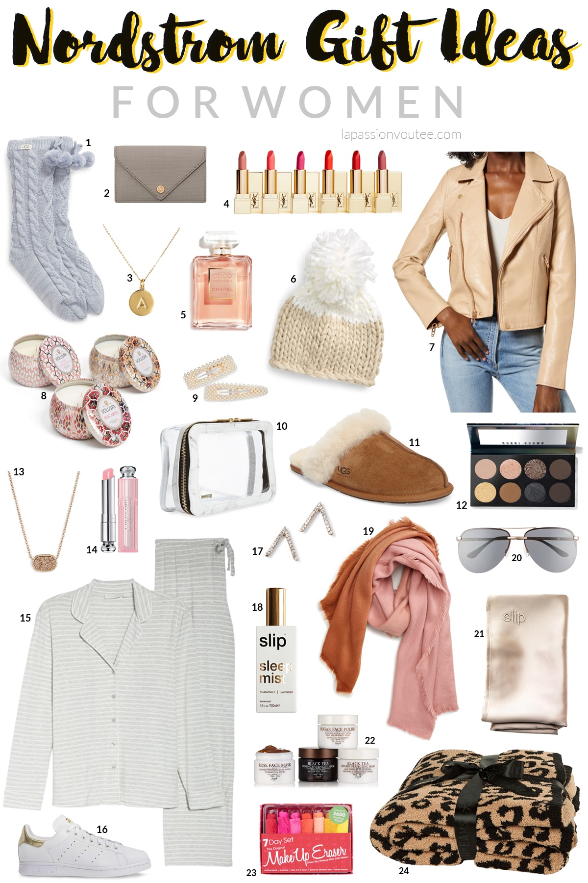 Amazing last minute Nordstrom gifts for her (women, wife, partner, grannies, and daughters) this year. From top-rated BlankNYC moto jackets, cozy socks, and pampering facial mask to  stunning and affordable jewelry, makeup, and comfy loungewear slippers. #nordstrom #nordstromgifts