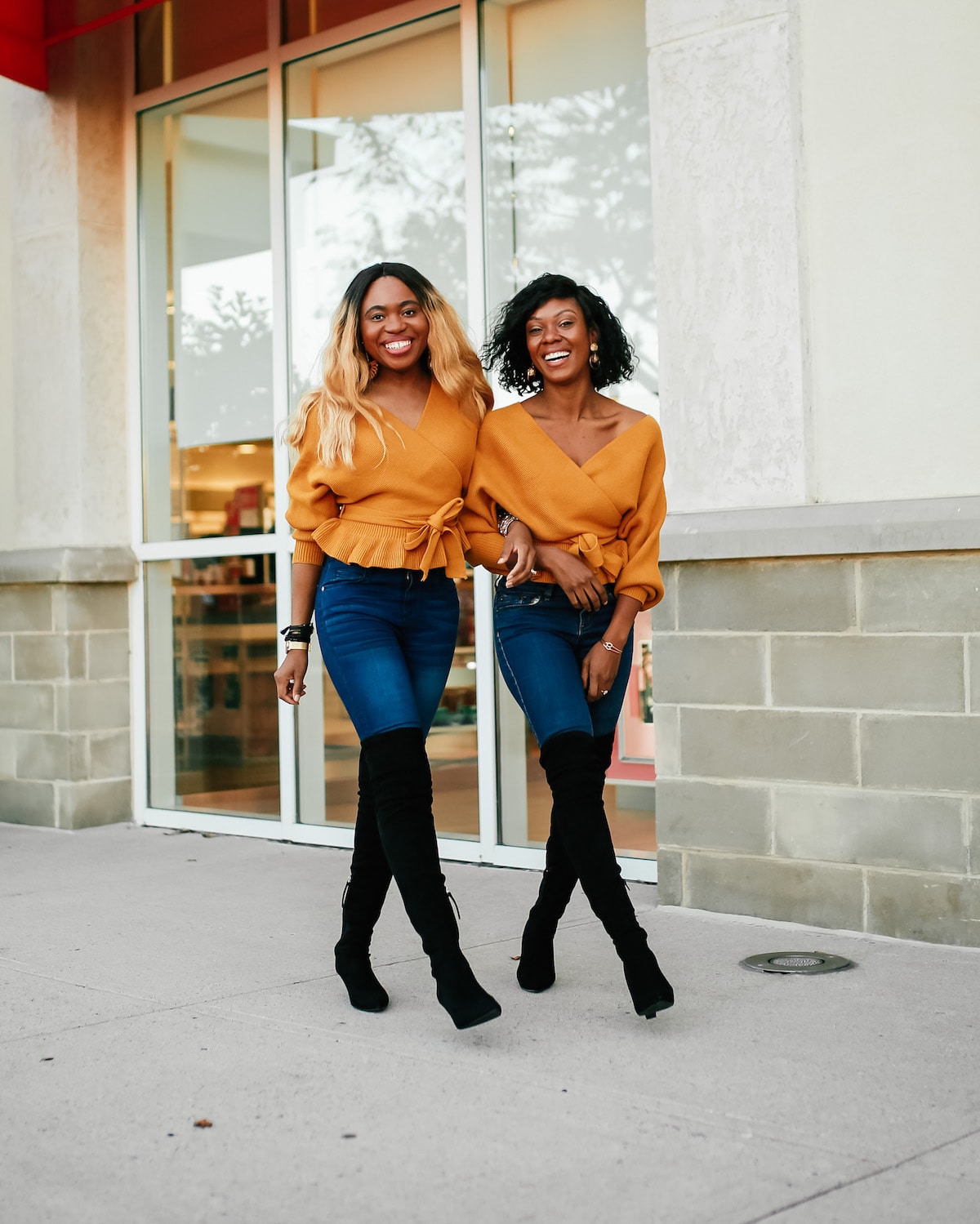 Crushing on this super chic peplum hem sweater outfit paired with high-waist jeans and black suede over the knee boots. No better way to make a statement this season than with a chic, cozy, and comfy open back wrap sweater that’s under $30 and available on Amazon Prime. #sweatersforwomen #wraptop