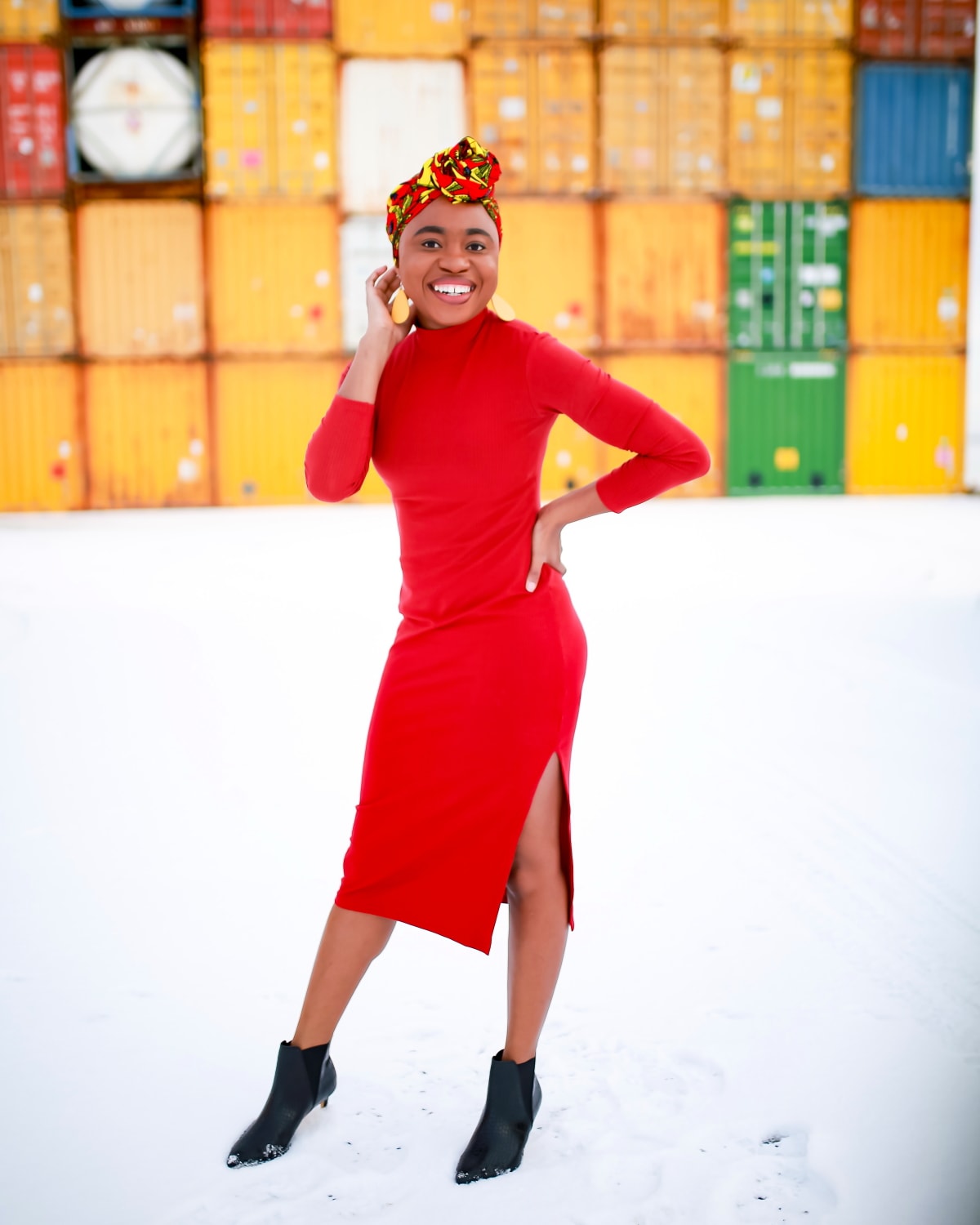 Keep warm and stylish with this chic side slit midi dress paired with croco-embossed ankle boots, affordable earrings, and a fun scarf. #amazon #amazonfashion #bodycondress