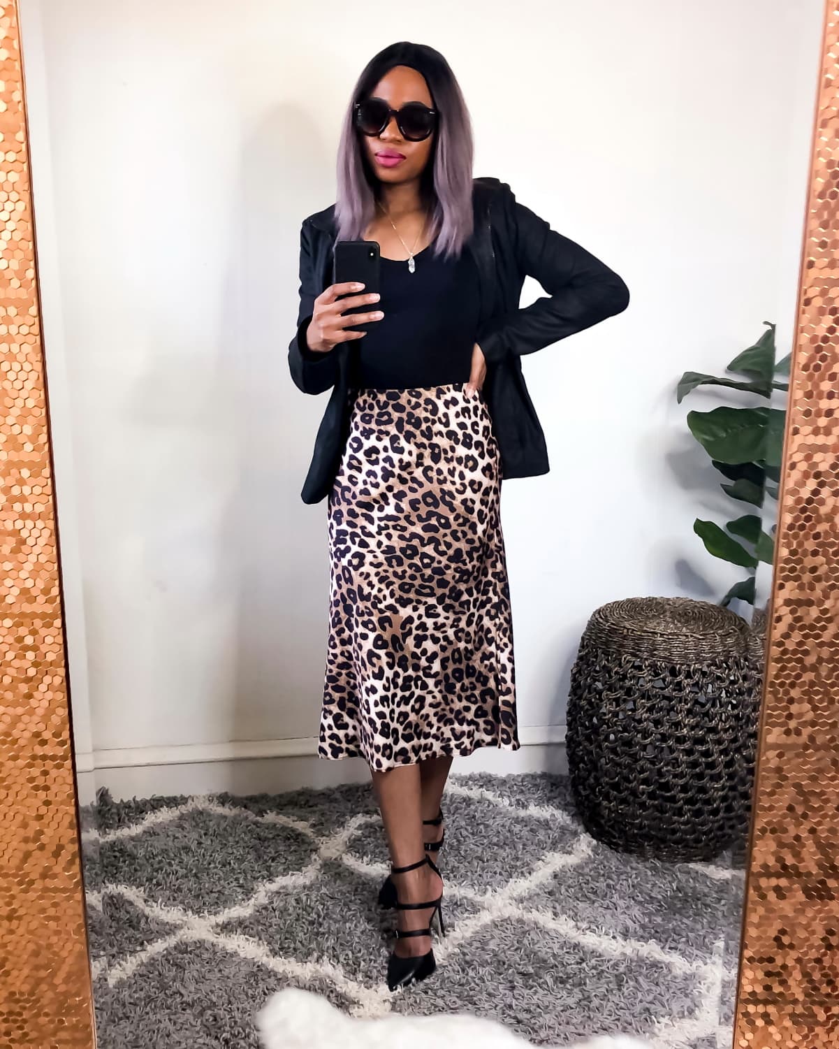 Leopard Print Skirt - classy office inspired style wearing a leopard print midi skirt, zippered genuine leather jacket and strappy heeled sandals