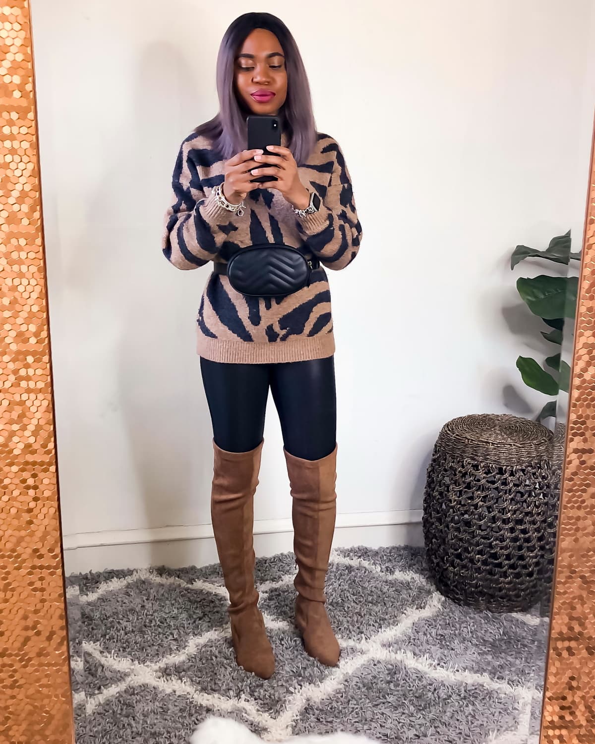 Tiger Print Shirt for women - Styled with faux leather leggings and on-trend over the knee boots and stylish belted waist purse