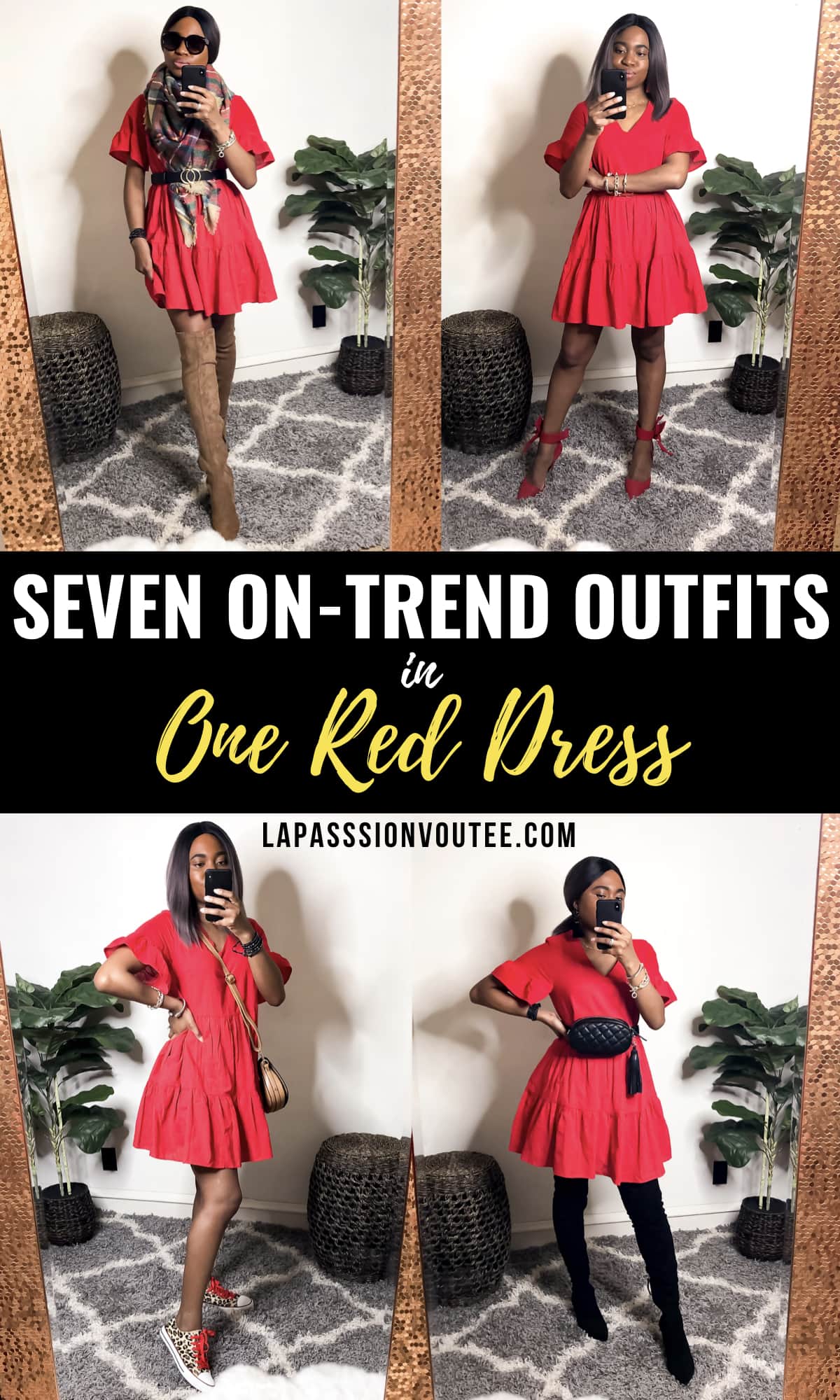 7 Easy Ways to Wear a Red Dress | Worried that red might be too bold for you? Here are outfit options wearing a red shift dress you can steal to help you effortlessly slay a red dress this season. Everything from a casual look with on-trend sneakers and work denim for the career woman to keeping warm with a blanket scarf and being the life of the party in an all-red monochrome outfit. I’ve got you covered!