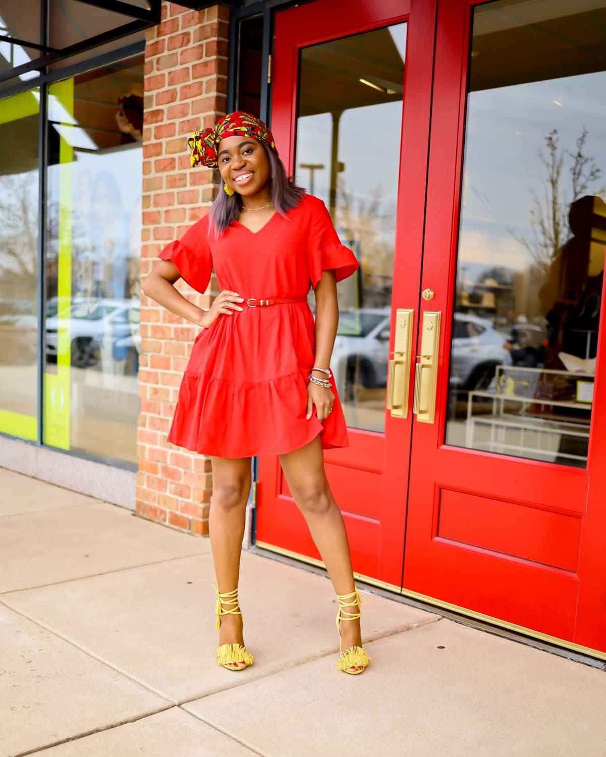 Red dress with mustard best sale shoes