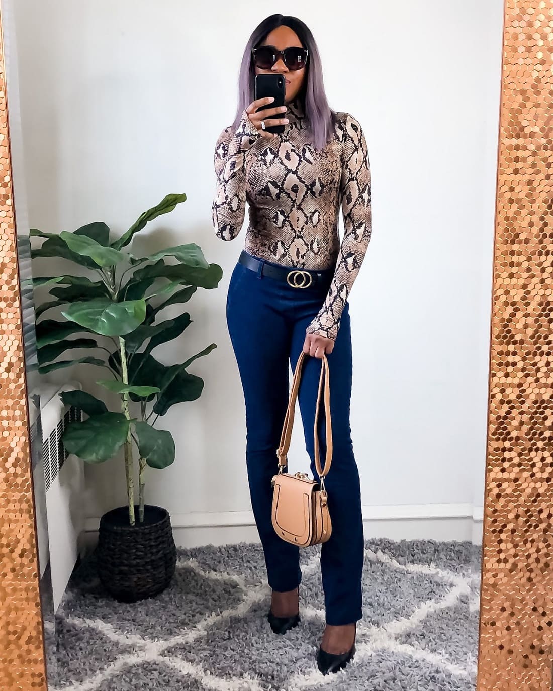 Looking stunning in my Betabrand jeans with a Leopard print bodysuit