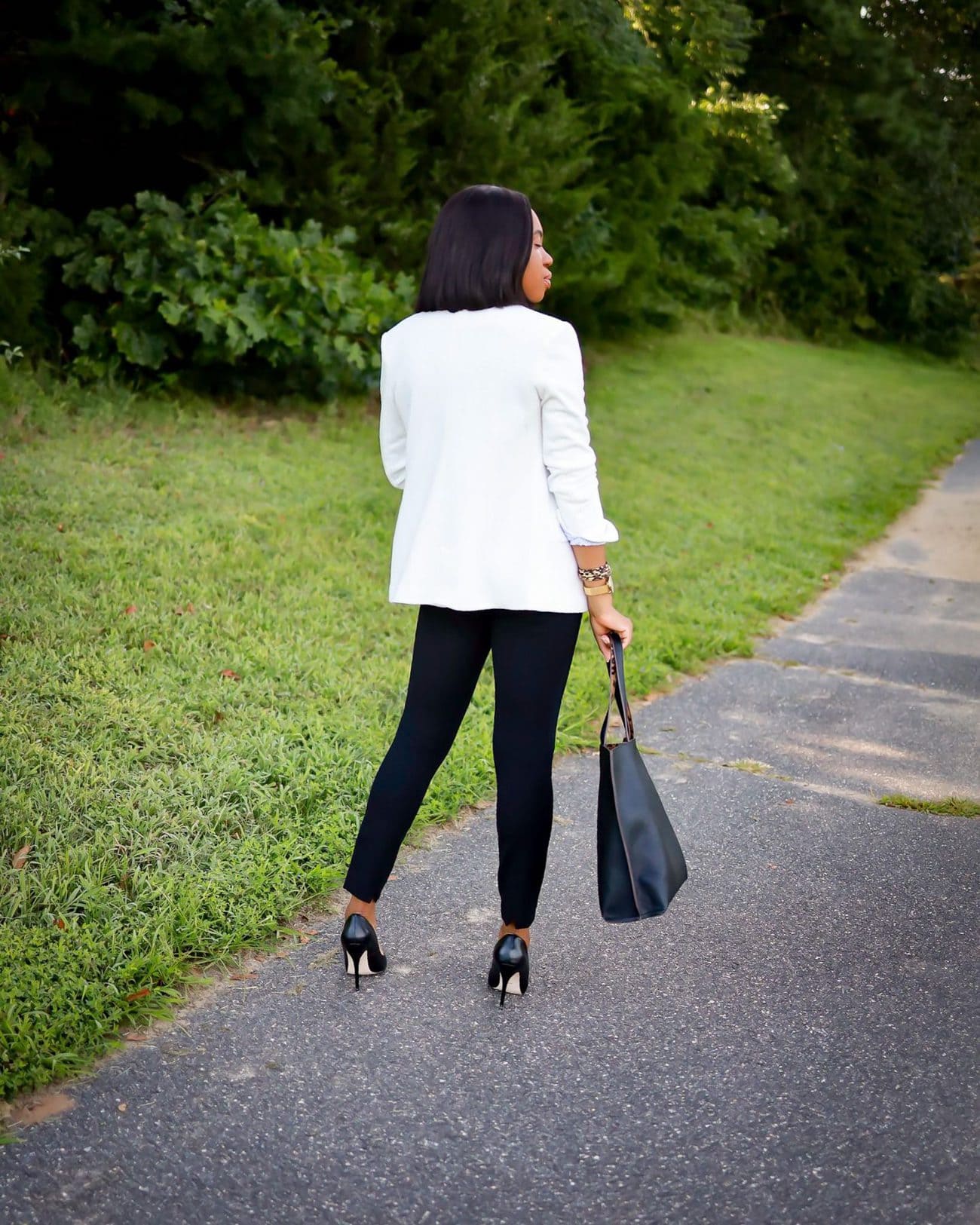 Spanx The Perfect Black Pant review and Commando seamless bodysuit paired with Nordstrom Anniversary Sale under $50 white blazer.