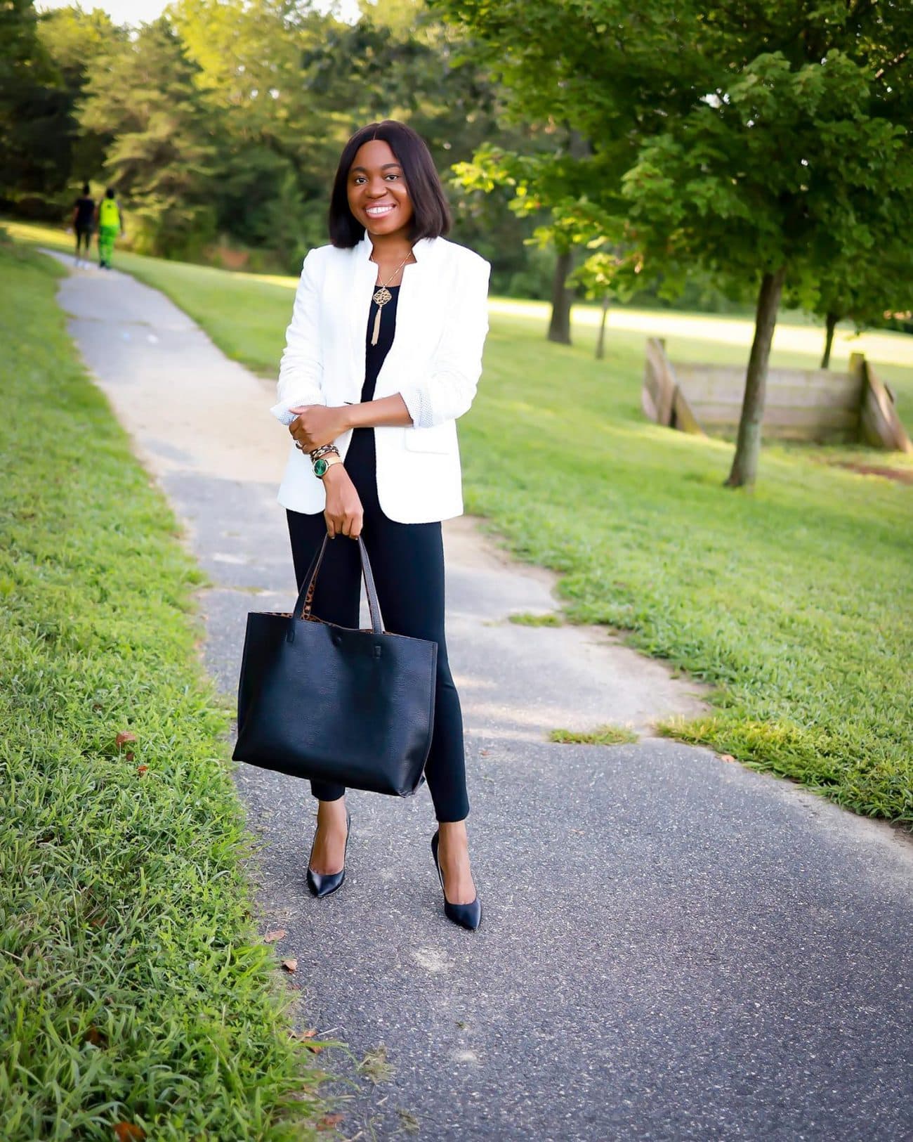 Spanx The Perfect Black Pant review and Commando seamless bodysuit paired with Nordstrom Anniversary Sale under $50 white blazer.