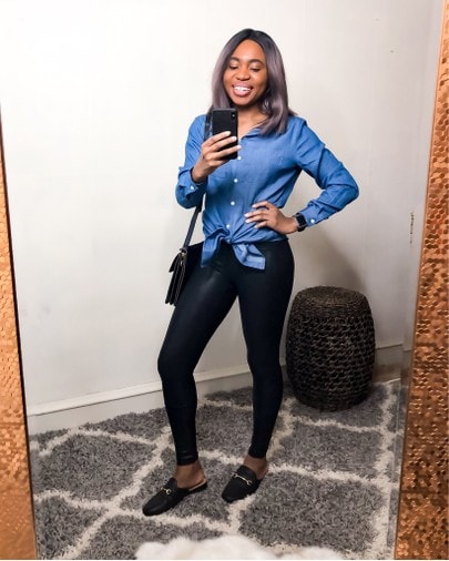 Looking chic in this chambray top with my Spanx leggings