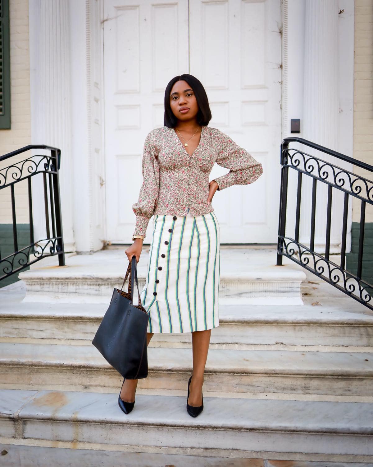 Casual Work Outfit Idea Faux Wrap Skirt Balloon Sleeve Top