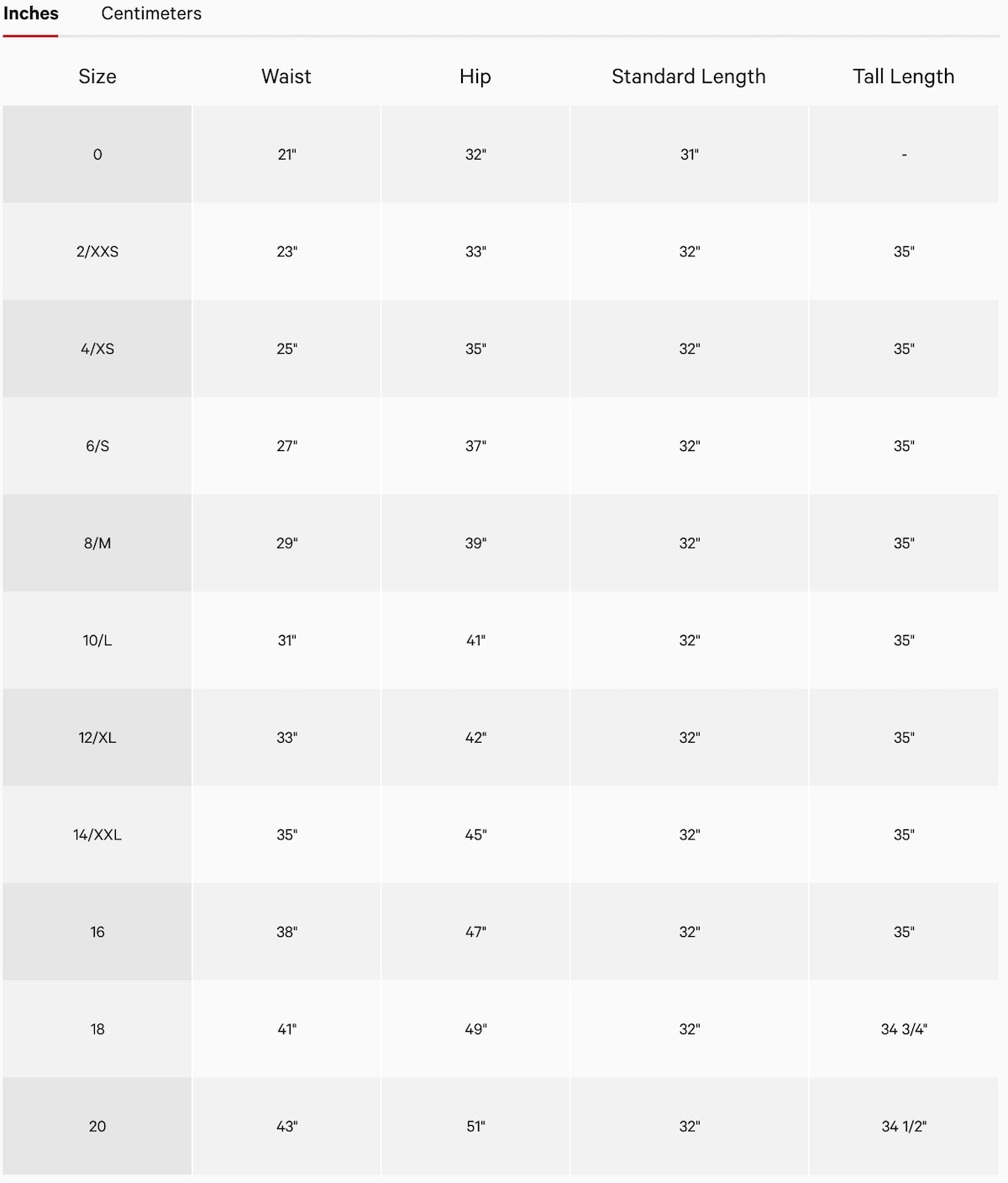 Lulu Lemon Sizing Chart