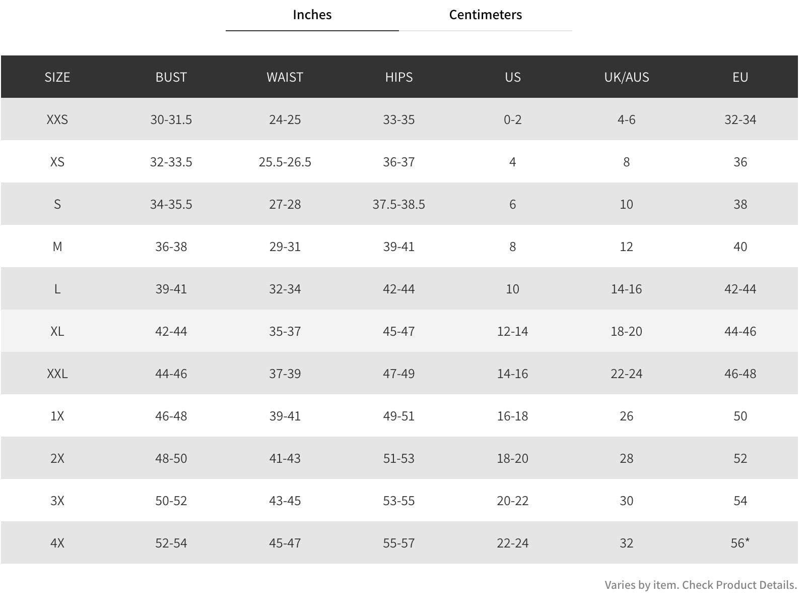 Fabletics Pants Size Chart