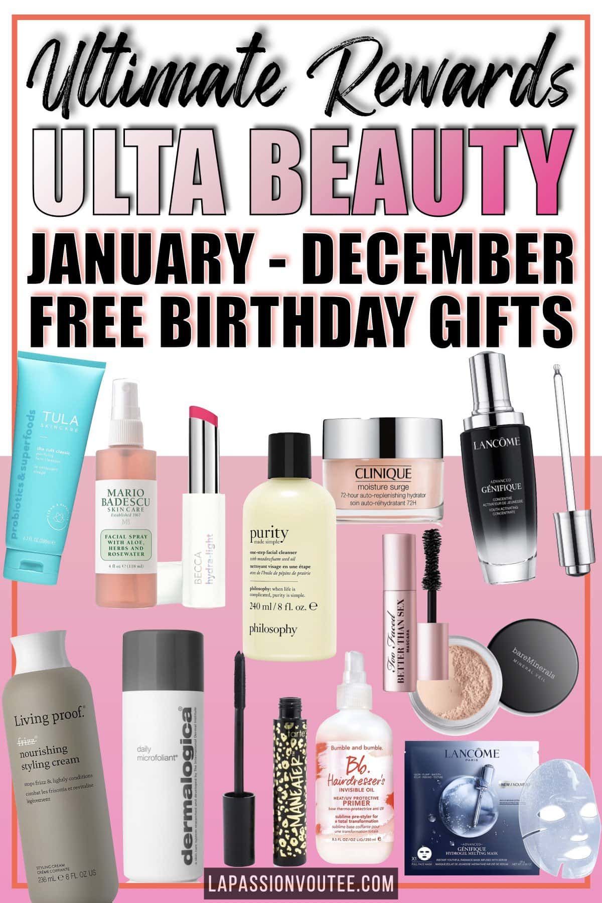 This is the FULL list of the 2021 Ulta FREE birthday gifts from January to December. Plus insider tips on the free Ultimate Rewards membership + recent changes. From Dermalogica, Becca, Living Proof and Clinique to Tarte, Mario Badescu, Bumble and Bumble, and Bare Minerals there's a birthday goodie for everyone. #ulta #ultabeauty #freegift