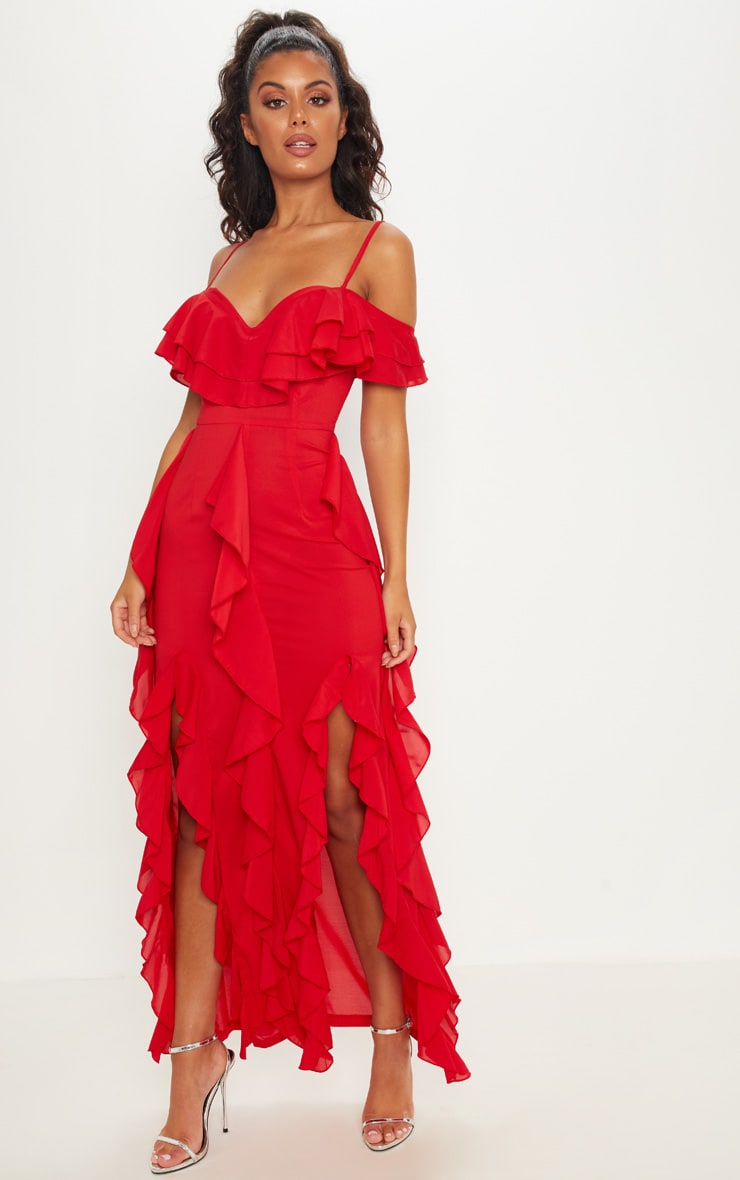 Pretty Little Thing Red Cold Shoulder Rufle Detail Maxi Dress - Stores similar to ASOS