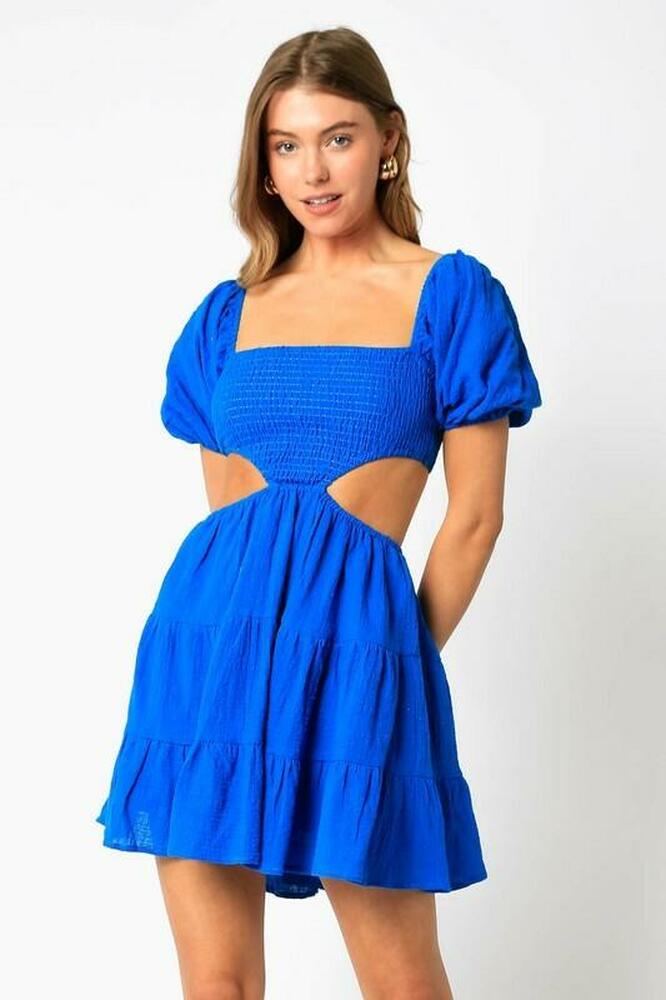 Boho Pink Lindsey Caspian Blue Cutout Puff Sleeve Dress
