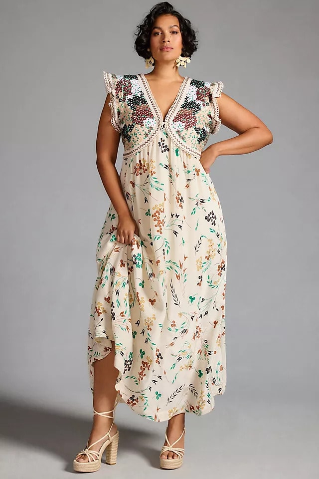 By Anthropologie Printed V Neck Maxi Dress
