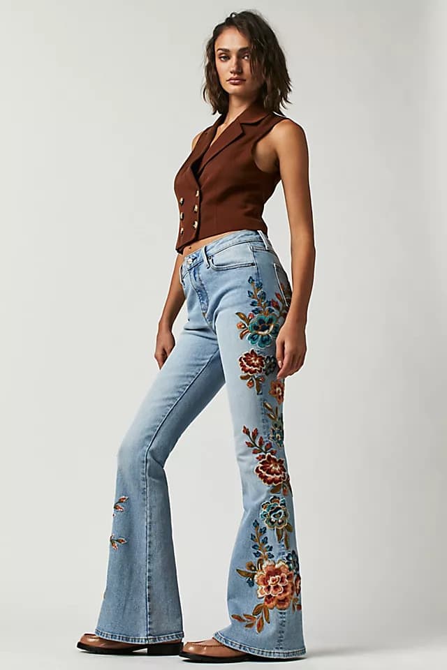 Free People Driftwood Farrah Embroidered Flare Jeans