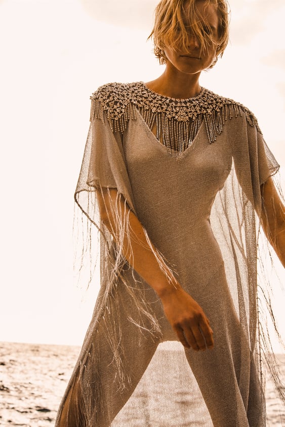 ZARA FRINGED METALLIC THREAD KAFTAN DRESS