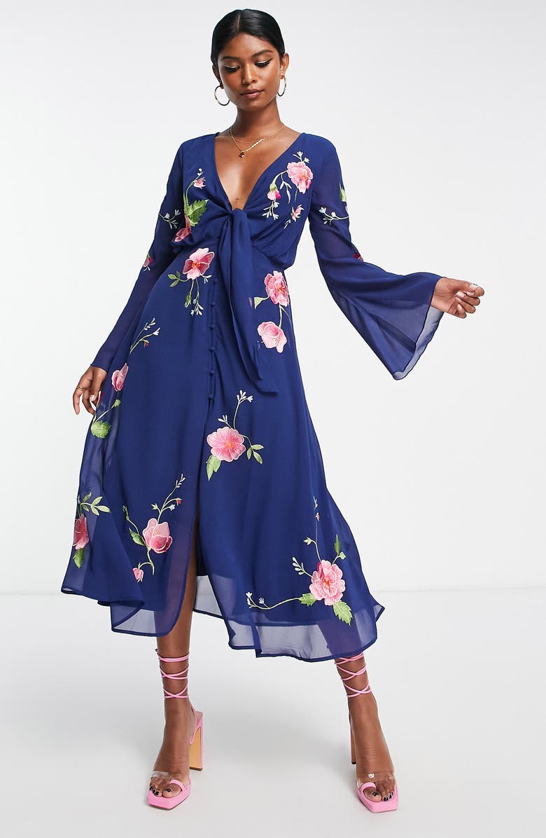Nordstrom Floral Embroidered Long Sleeve Tie Front Midi Dress