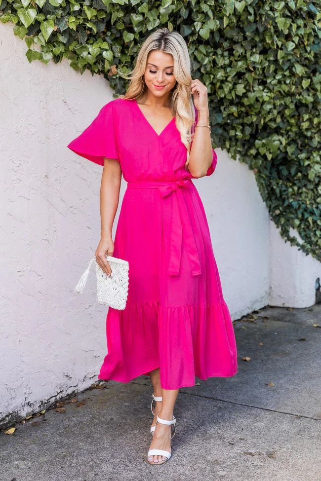 Pink Lily Hot Pink Short Sleeve Midi Dress
