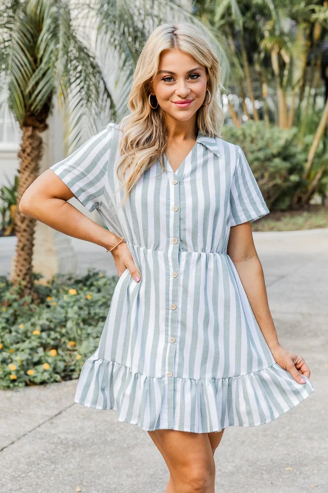 Pink Lily Let it be Green Stripe Button Up Mini Dress