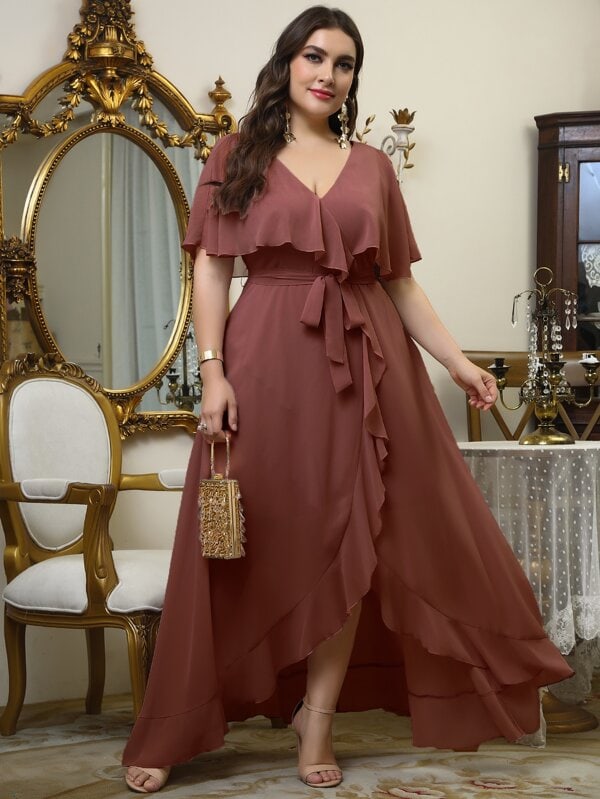 Shein Belle Plus Self Tie Ruffle Wrap Chiffon Dress