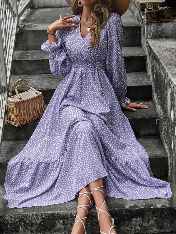 Shein Ditsy Floral Print Flounce Sleeve Shirred Dress