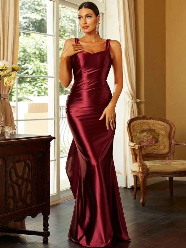 Shein Exaggerated Ruffle Trim Tie Backless Mermaid Hem Satin Formal Dress