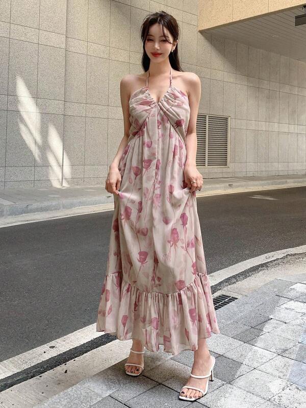 Shein Floral Print Ruffle Trim Cami Dress