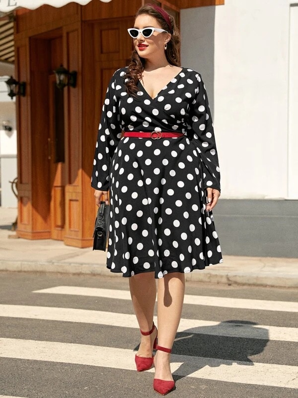 Shein Frenchy Plus Polka Dot Surplice Front Dress Without Belt