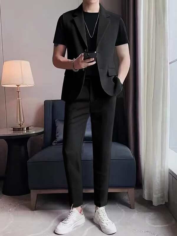 Shein Manfinity Hypemode Men Solid Blazer Vest Suit Pants