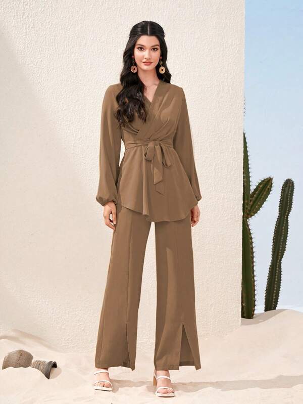 Shein Mulvari Lantern Sleeve Belted Top Split Hem Pants