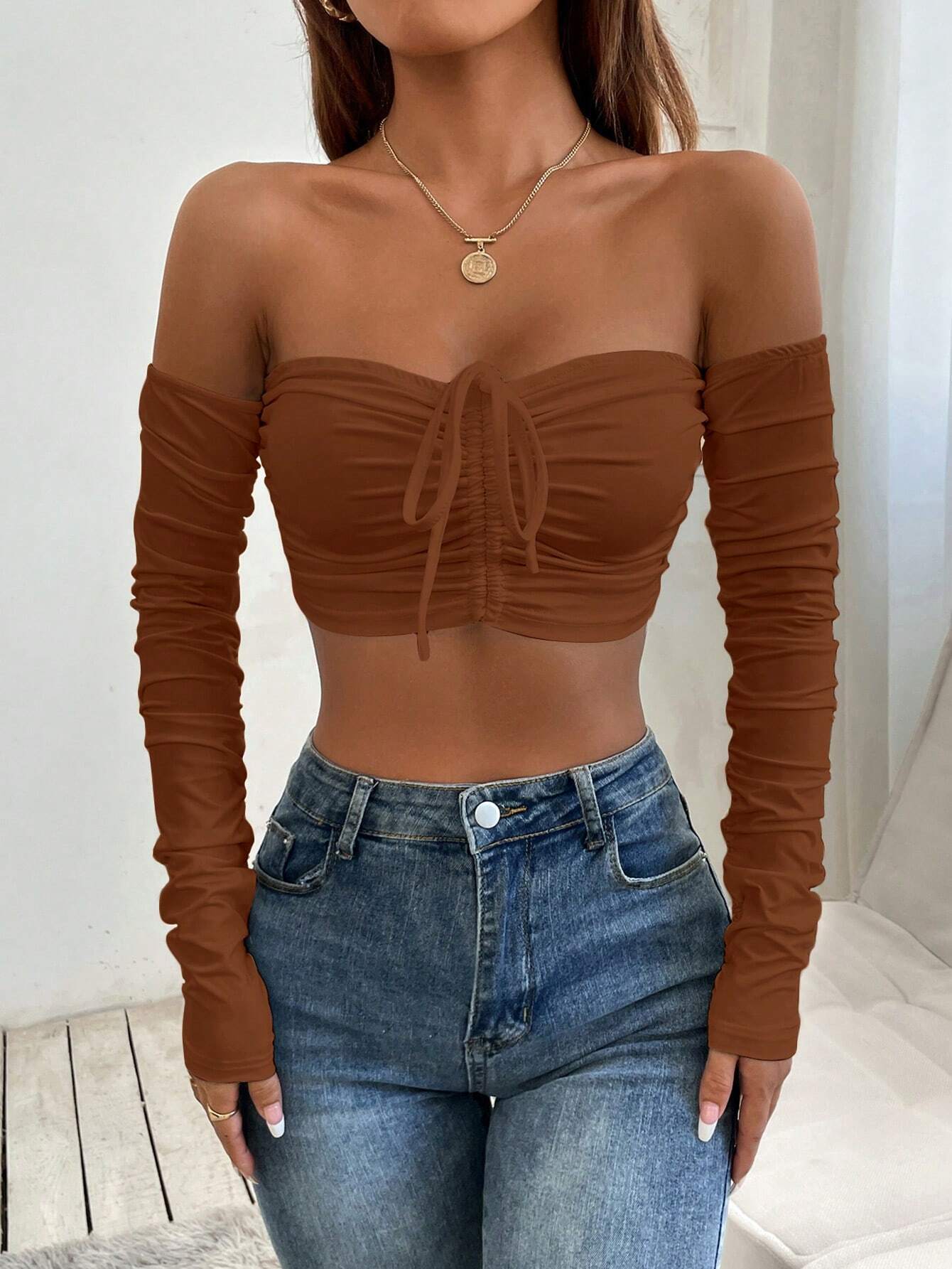 Shein Off Shoulder Drawstring Ruched Crop Top